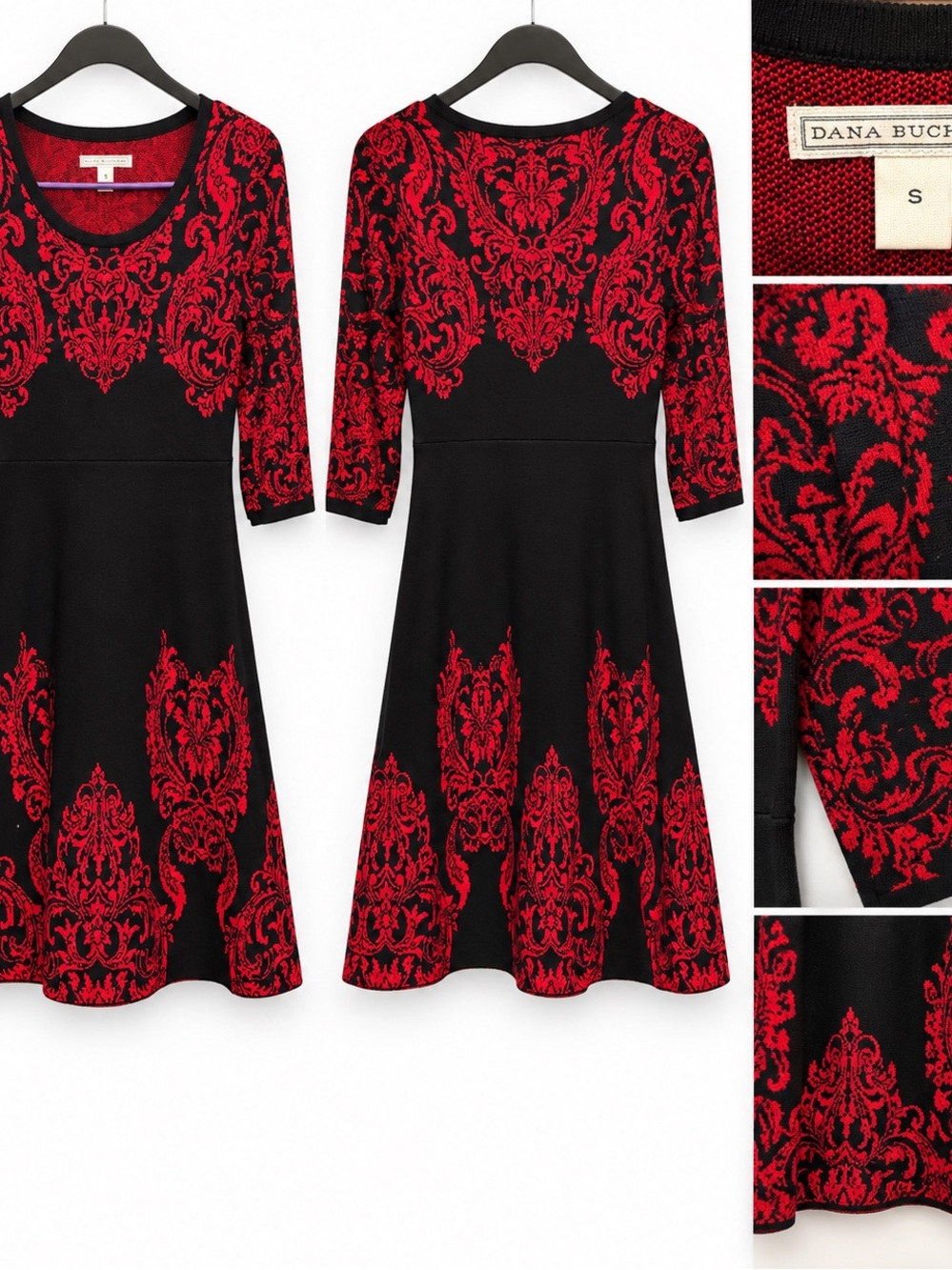 Dana Buchman Black & Red Damask Knit Dress – Size S